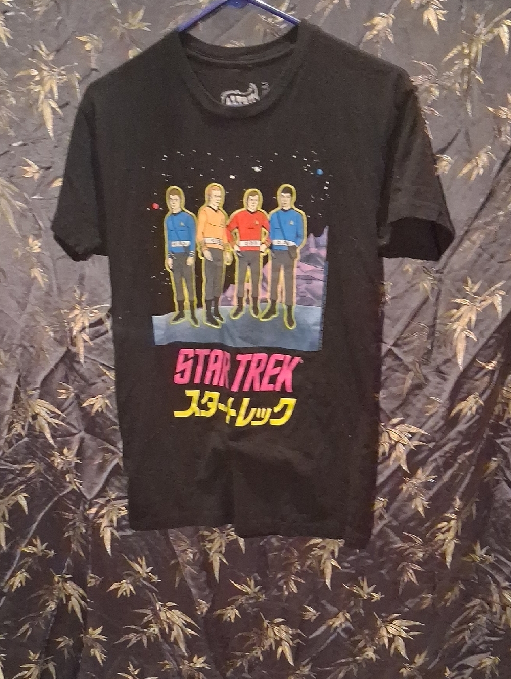 Altru Black Star Trek Crew Graphic Tee with Pink and Yellow Logo